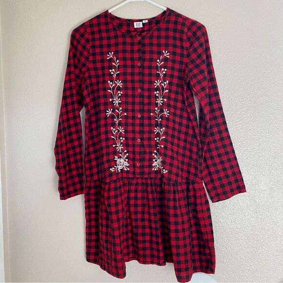 Gap Embroidered red Christmas Plaid button up ruffle shirt Dress girls XL - Picture 2 of 11